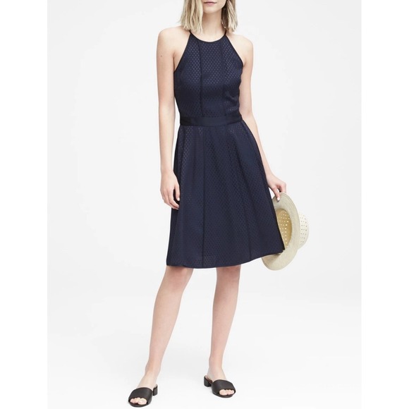 NWT BANANA REPUBLIC Polka Dot Paneled Fit & Flare Dress Size 8P Navy Sleeveless - Picture 1 of 12